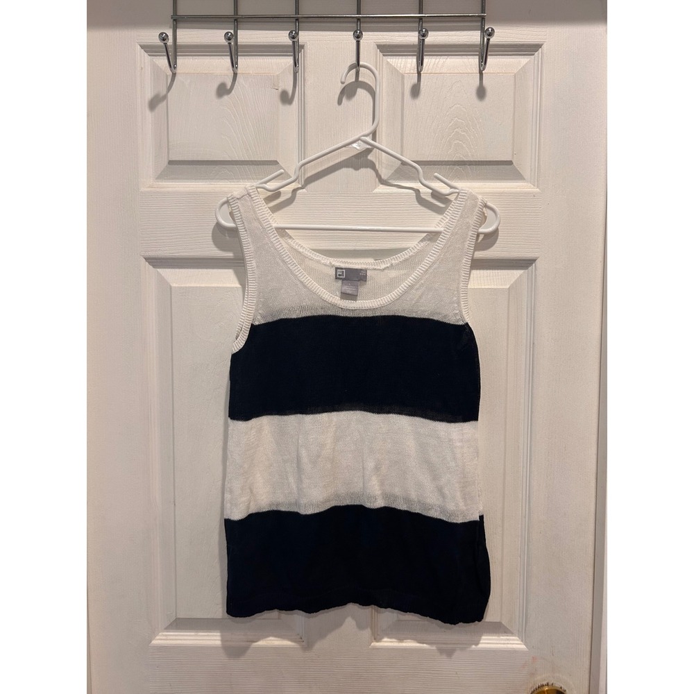 JCP Women Linen Cotton Blend Striped Knit Tank Top Navy Blue White Large Coastal